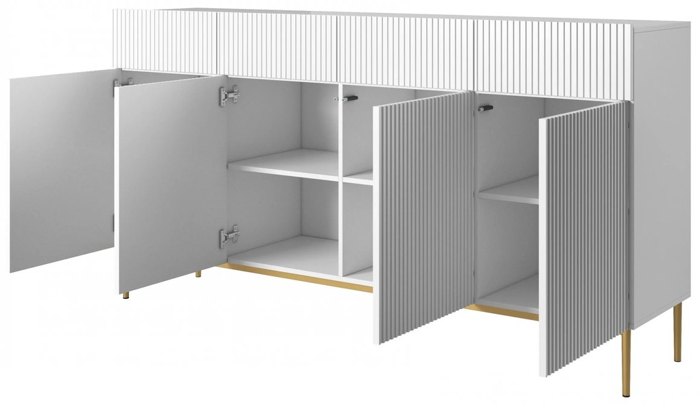 Biela štvordverová komoda Nicole 200 cm so zásuvkami s ryhovaným čelom - biely mat / zlaté nožičky