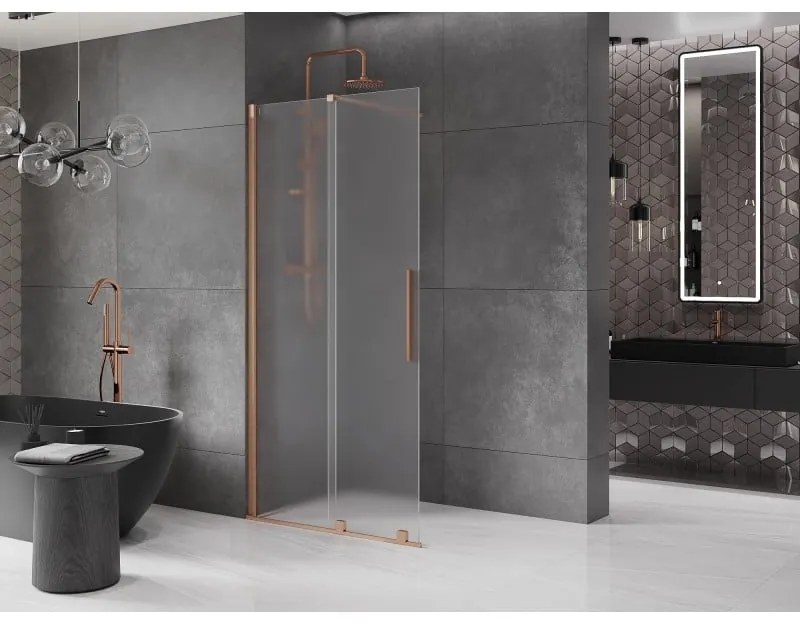 Mexen Velar, sprchová zástena s posuvnými dverami Walk-in 85 x 200 cm, 8mm sklo námraza, medená matná, 871-085-000-33-65