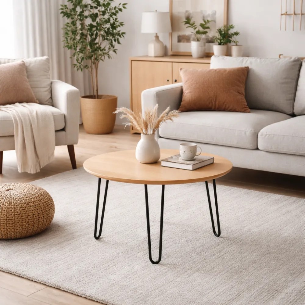 Okrúhly konferenčný stôl SPIDER, priemer 60 cm, čierna podnož, doska dub prírodný