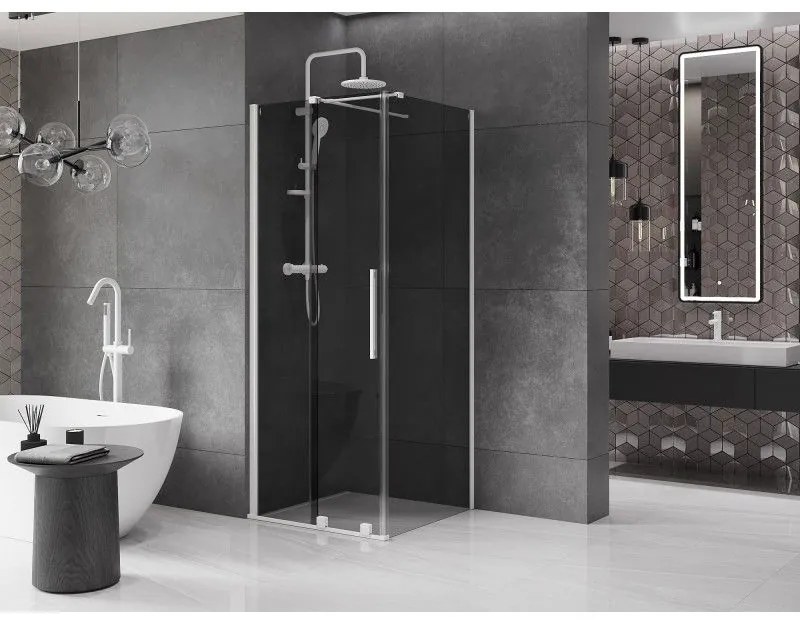 Mexen Velar, sprchový kút s posuvnými dverami 90 x 90 cm, 8mm šedé sklo, biela matná, 871-090-090-41-20