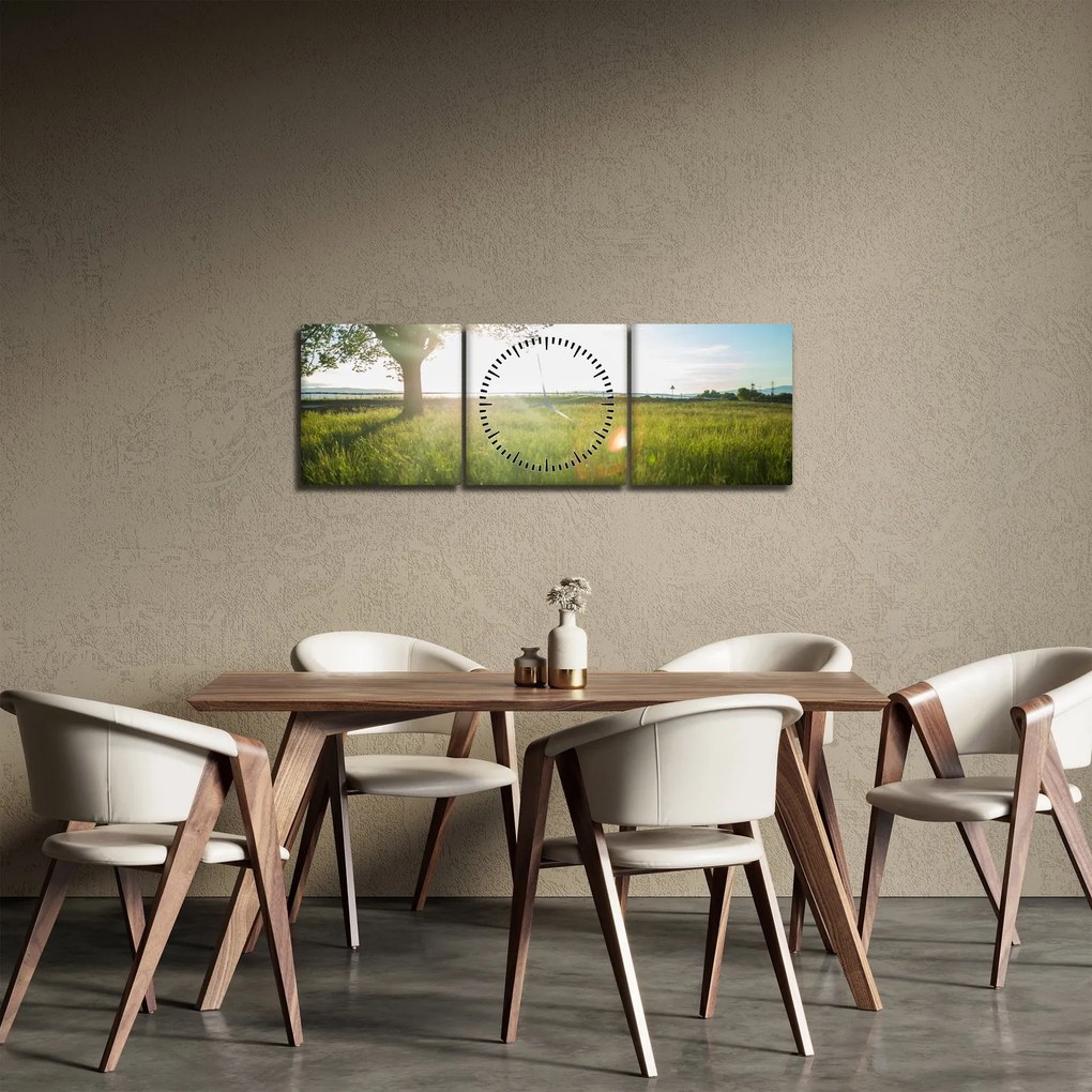 Obraz stromu v poli (s hodinami) (90x30 cm)