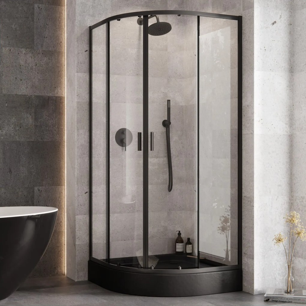 Besco Štvrťkruhový sprchový kút ZARYA BLACK HR 80x80 (90x90) + vanička ALEX biela BESCO-Rozmery: 90x90