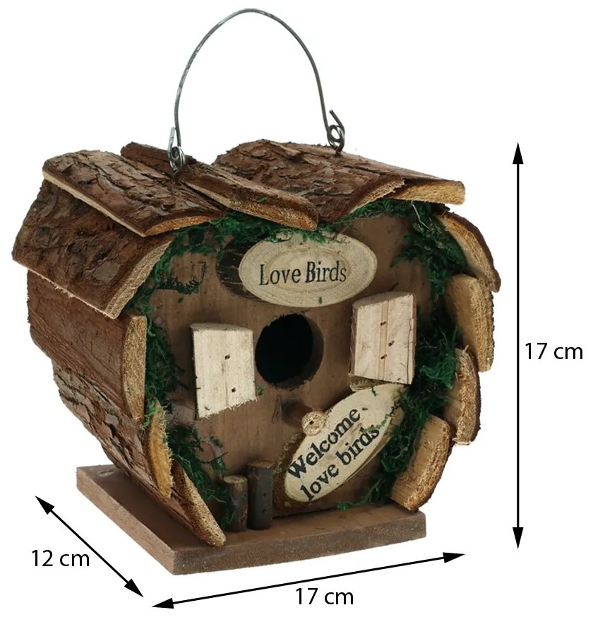 Vtáčia búdka Love Birds, 17x17x12 cm, drevo, hnedá