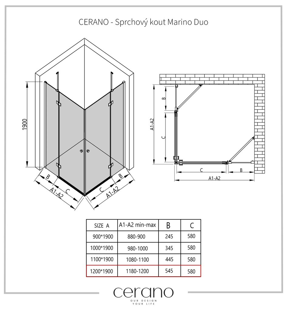 Cerano Marino Duo, sprchovací kút 120(dvere) x 120(dvere), 6mm číre sklo, čierny profil, CER-CER-423045