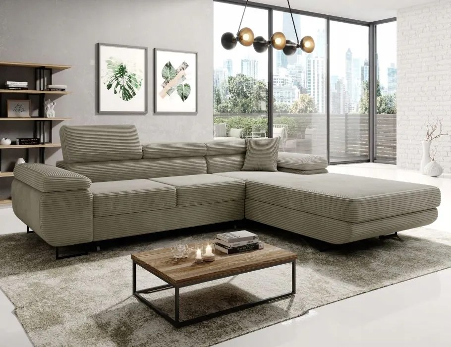 Rohová sedačka s funkciou spania Astorp L je vyrobená z tkaniny v béžovej farbe.