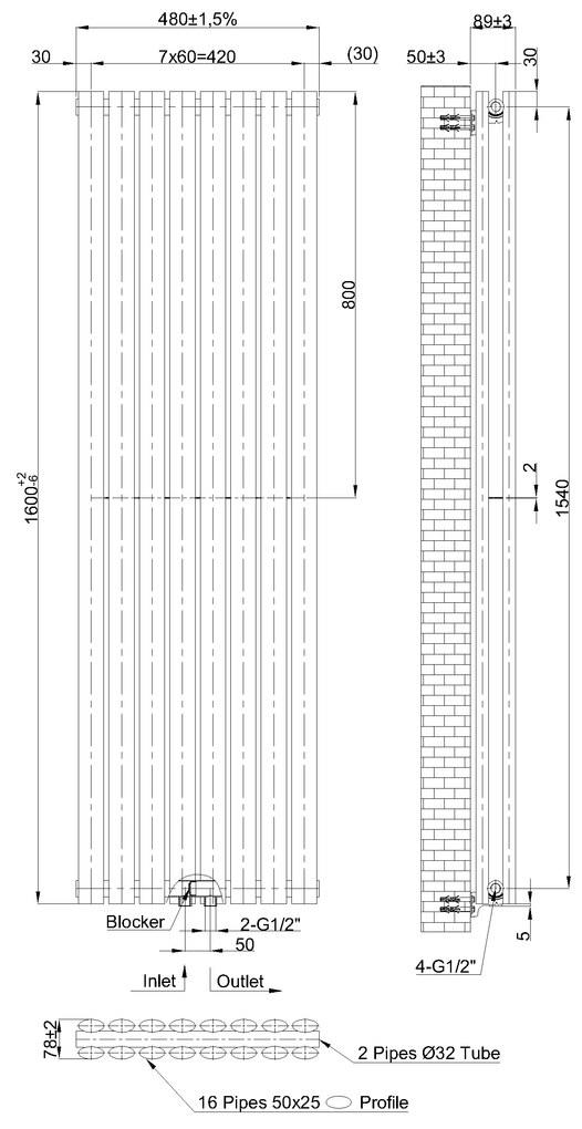 Invena Duo, vykurovacie teleso 1600x480, 1161W, biela, INV-UG-20-B16-A