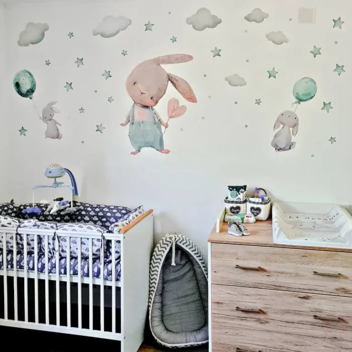 Nálepky do detskej izby - Mentolové zajačiky, hviezdy a obláčiky