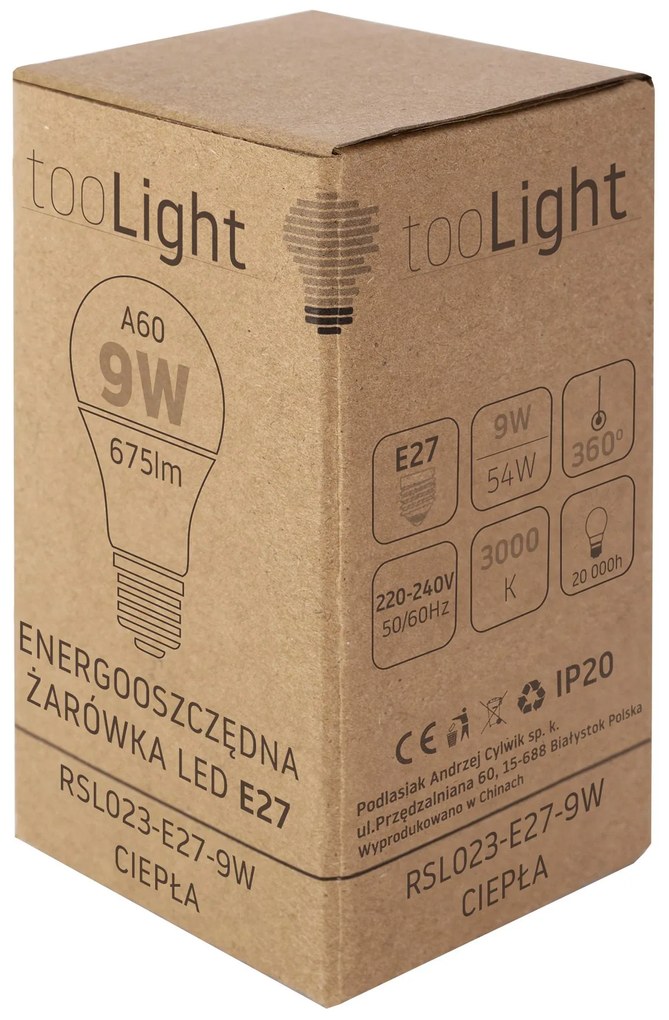 Toolight Toolight, LED žiarovka E27, 9W, 675lm, 3000K teplá, RSL023, OSW-20008