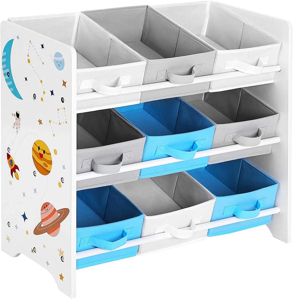 SongmicsHome Regál na hračky VESMÍR, 9 boxov, 62,5x29,5x60cm, biela s nálepkami