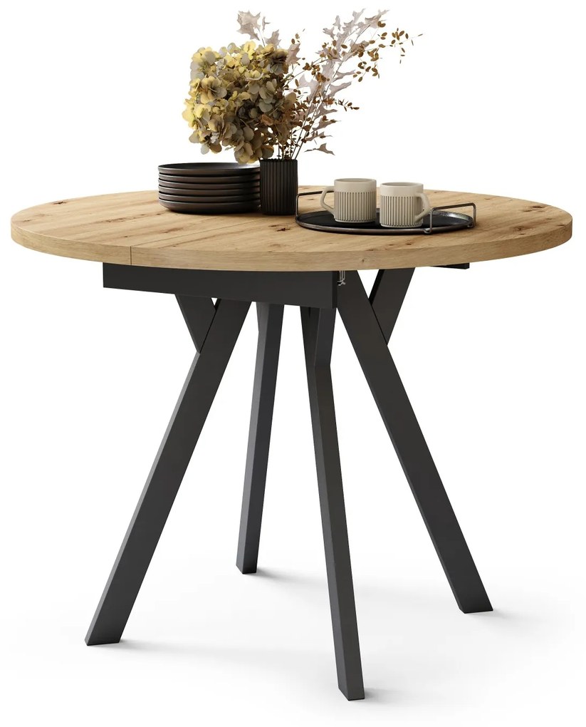 ALMO Dub Artisan/čierne nohy - OKRÚHLY LOFTOVÝ/INDUSTRIÁLNY ROZKLADACÍ STÔL DO OBÝVAČKY/JEDÁLNE