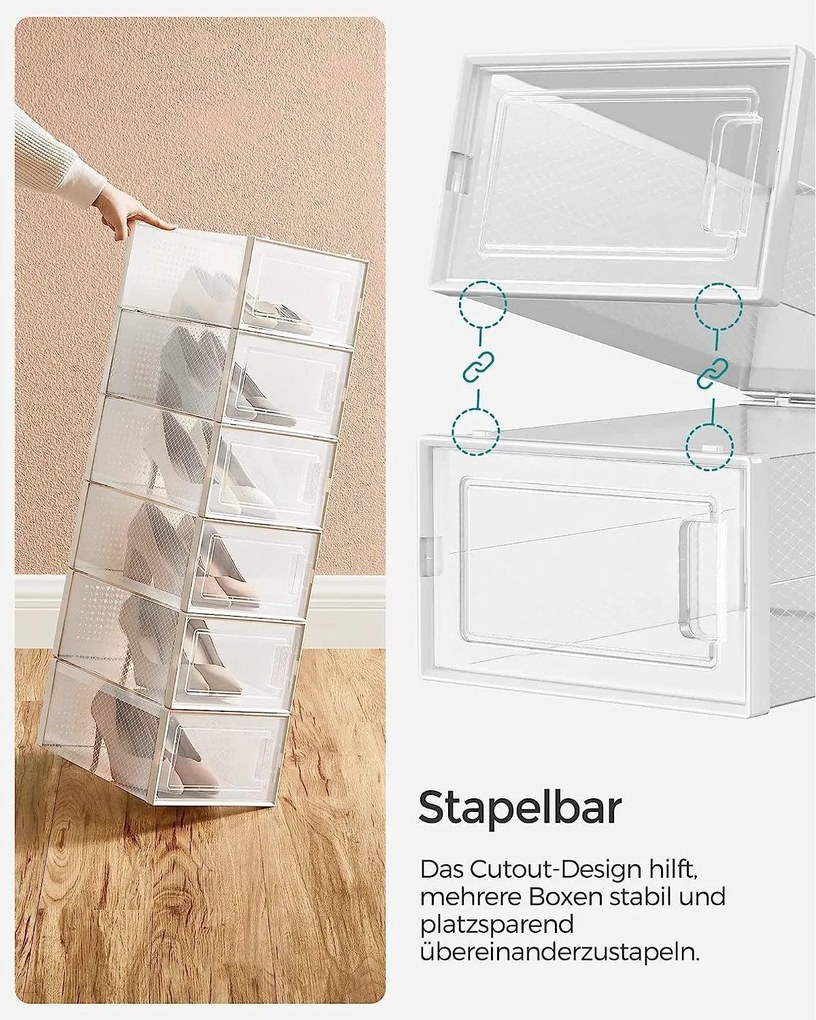 Boxy, plastové krabice na topánky, sada 8 ks stohovateľných organizérov, biele