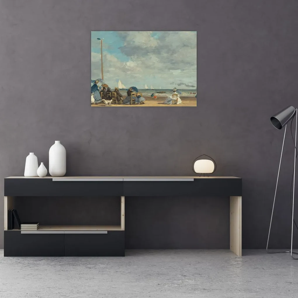 Sklenený obraz - Eugène Boudin, Beach at Trouville, reprodukcia (70x50 cm)