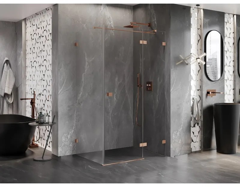 Mexen Lunar T, výklopný pravý sprchový kút 140 x 90 cm, 8mm číre sklo, profil medená matná, 834T-140-090-65-00-P