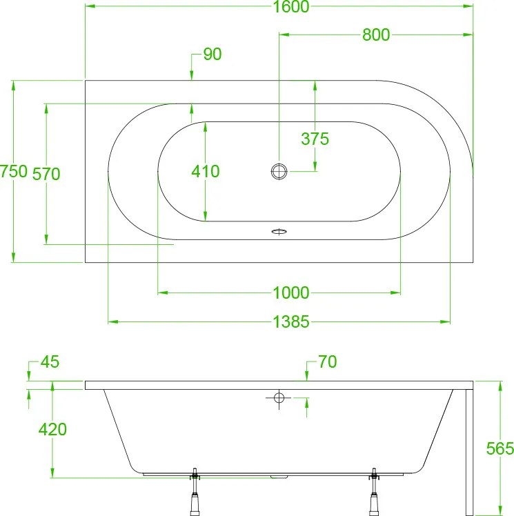 BPS-koupelny Akrylátová asymetrická vaňa s krycím panelom HYD-EBI160P 160x75 cm PRAVÁ, biela