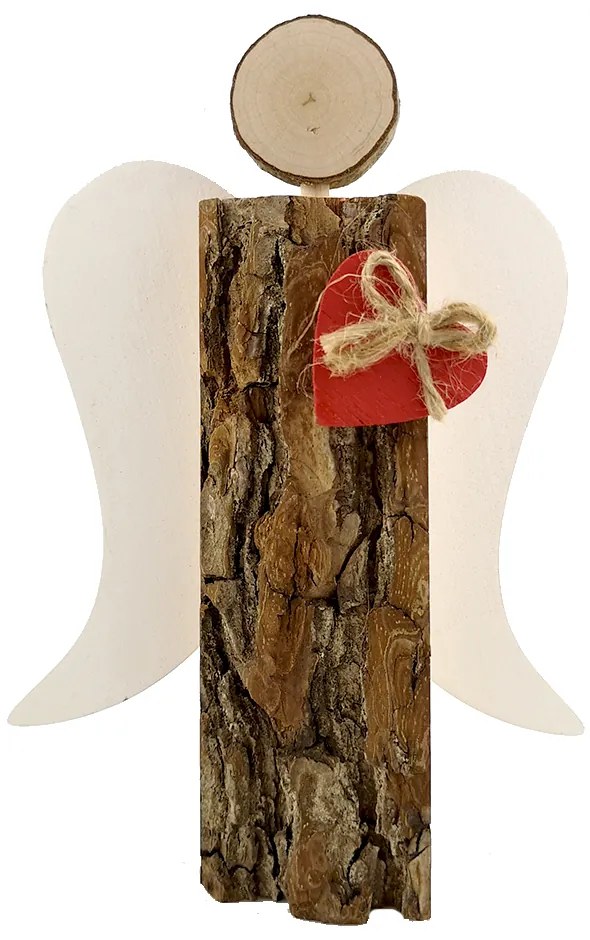 AMADEA Drevený anjel s kôrou s bielymi krídlami a čeveným srdcom, masívne drevo, 19x13,5x3 cm