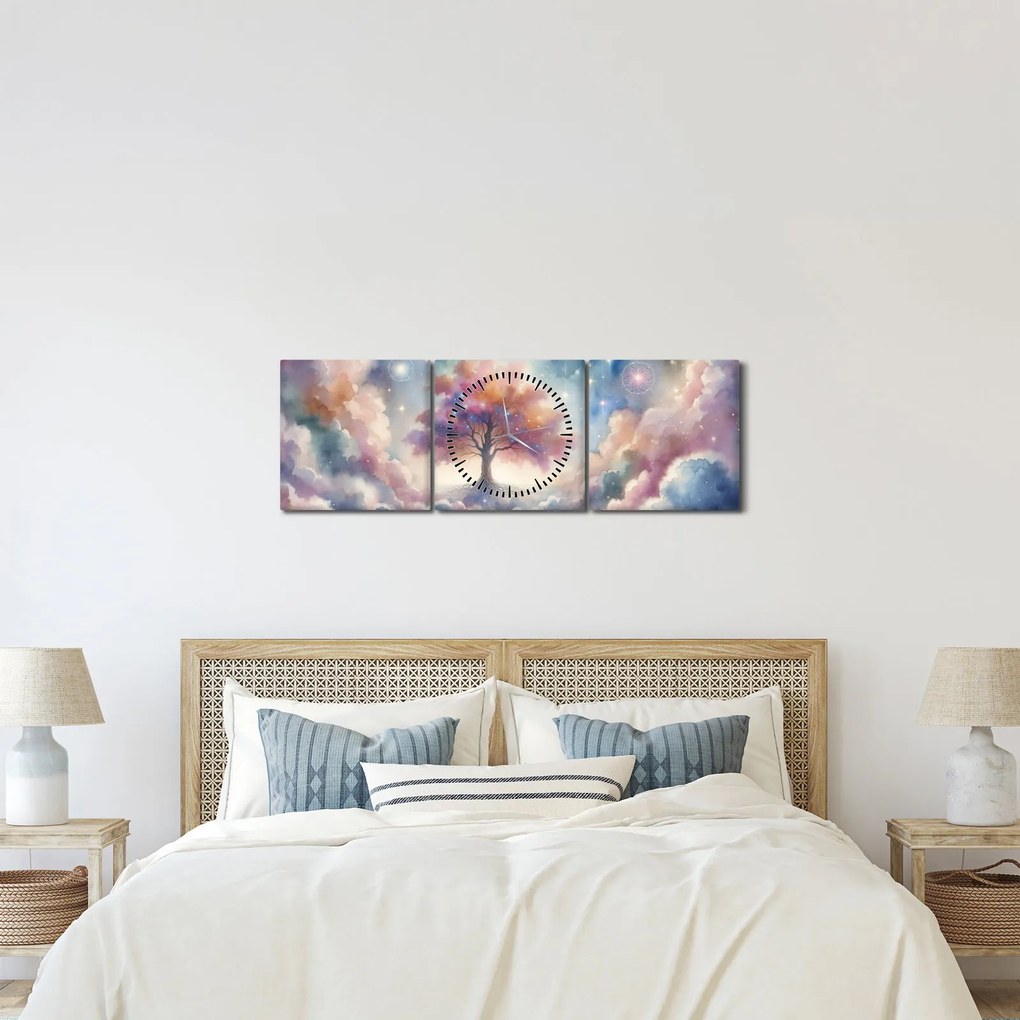 Obraz – Strom života v oblakoch (s hodinami) (90x30 cm)