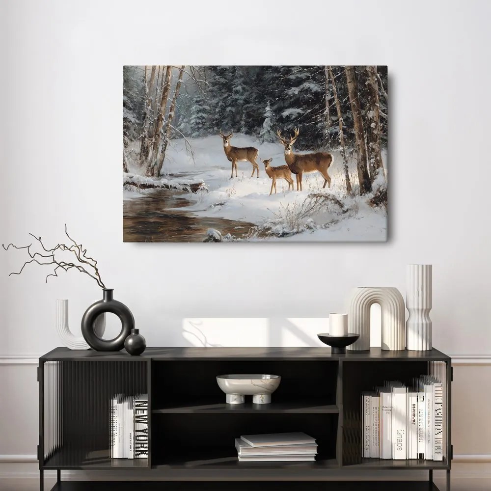 Vianočný obraz zimný les s krásnymi jeleňmi