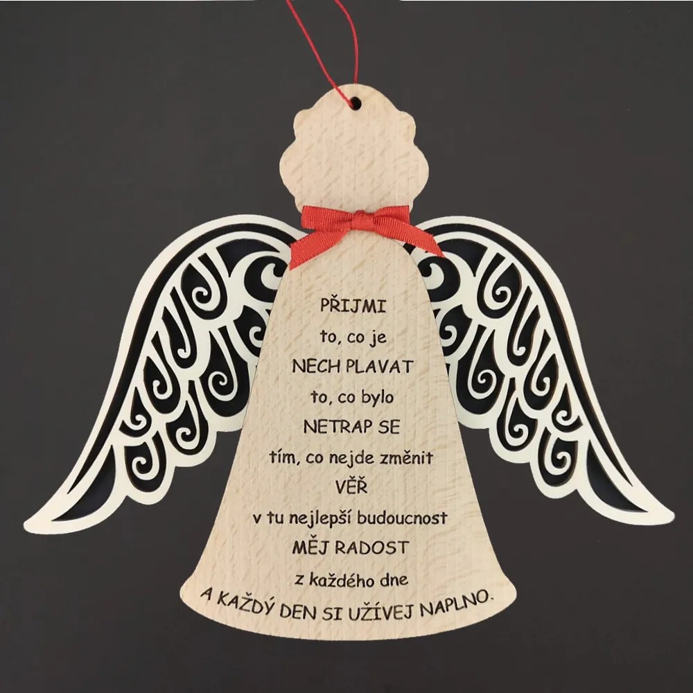 AMADEA Drevený anjel s krídlami a motivačným textom, masívne drevo, 18 x 15 cm