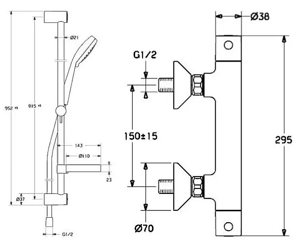 HANSA Unita termostatická sprchová batéria nástenná, ručná sprcha priemer 95 mm 3jet, 91,5 cm sprchová tyč a 175 cm hadica, chróm, 48130131