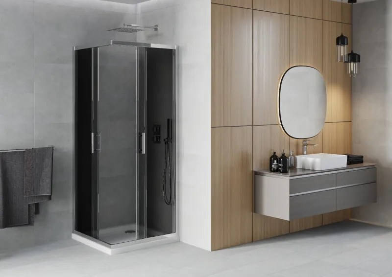 Mexen Rio, štvorcový sprchovací kút s posuvnými dverami 70(dvere) x 70(dvere) x 190 cm, 6mm šedé sklo, chrómový profil + biela sprchová vanička SLIM, 860-070-070-01-40-4010