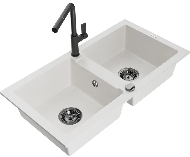 Mexen Mario, 2-komorový granitový drez 820x436x161 mm a drezová batéria Flora, biela, 6504-20-670401-70-B