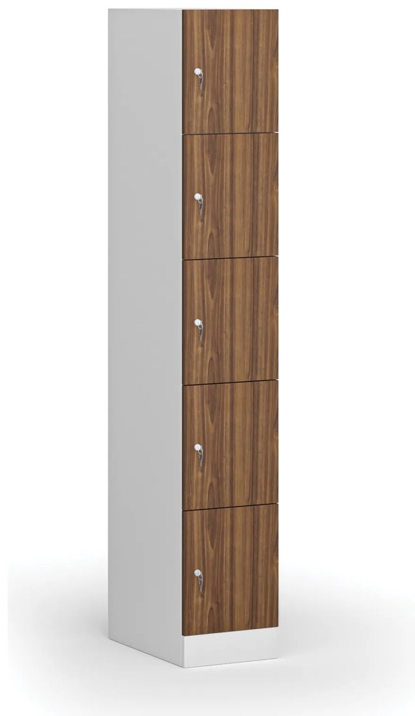 Šatníková skrinka S1 s úložnými boxmi, 5 boxov, 1850 x 300 x 500 mm, cylindrický zámok, laminované dvere, orech