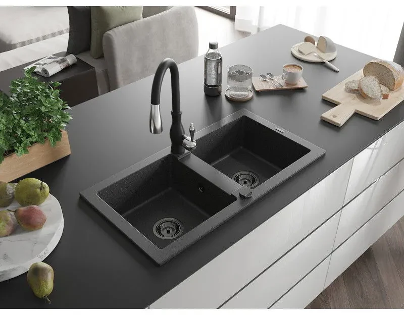 Mexen Mario, 2-komorový granitový drez 820x436x161 mm a drezová batéria Savita, čierna škvrtnitá, 6504-76-672601-70-B