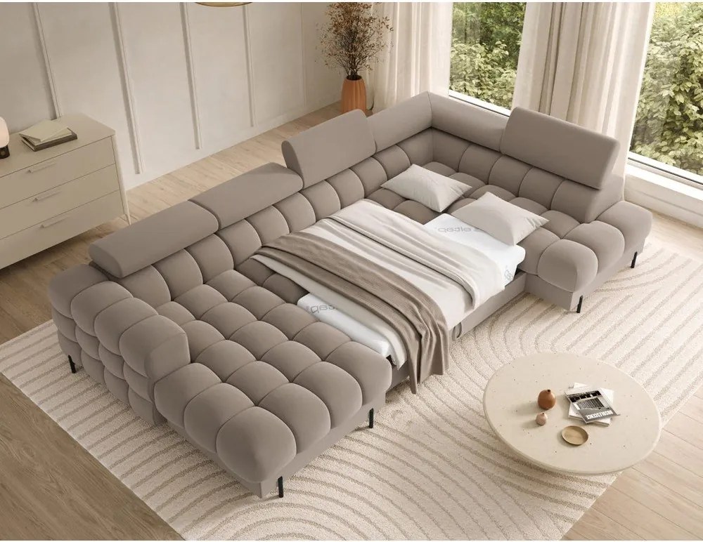 Svetlohnedá zamatová rozkladacia rohová pohovka (pravý roh/do tvaru "U") Feraria – ELTAP