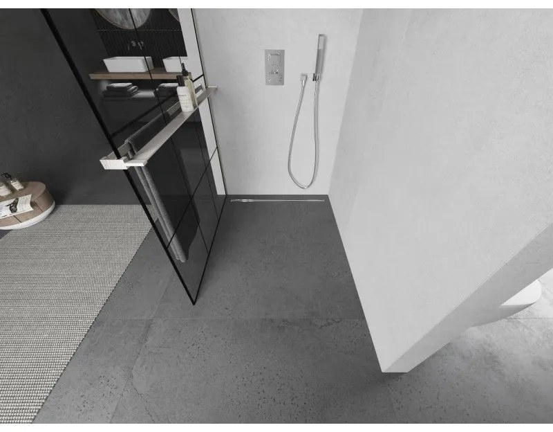 Mexen Kioto+, sprchová zástena Walk-In s poličkou a vešiakom 110 x 200 cm, 8mm číre sklo čierny vzor, brúsená oceľ profil, 800-110-121-97-77