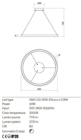 Redo 01-2676-LED Stmievateľný luster na lanku ICONIC LED/60W/230Vpr. 78 cm zlatá