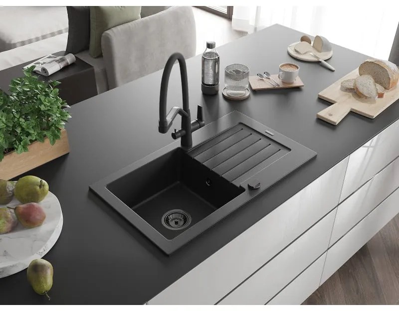 Mexen Pablo, granitový drez 752x436x161 mm, 1-komorový a drezová batéria Duo, čierna, 6510-77-671701-70-B