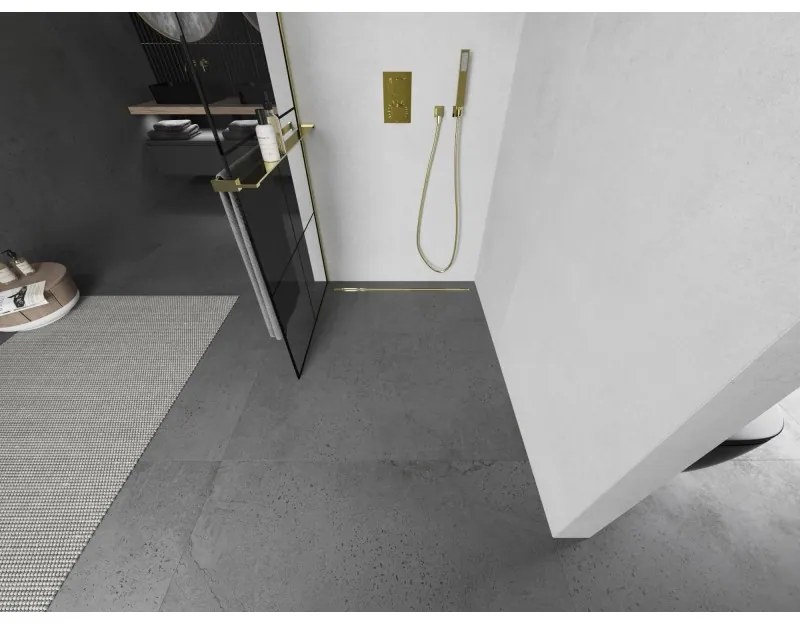Mexen Kioto+ L, sprchová zástena Walk-In s poličkou a vešiakom 90 x 200 cm, 8mm číre sklo čierny vzor, zlatý lesklý profil,800-090-123-50-77