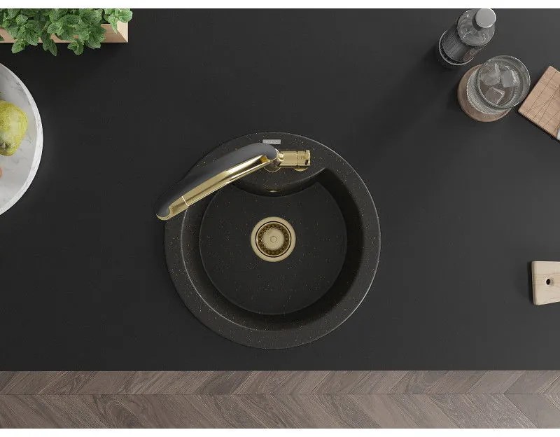 Mexen Diego, 1-komorový granitový drez 488x488x167 mm a drezová batéria Duo, čierna-zlatá metalíza, 6512-75-671701-57-G