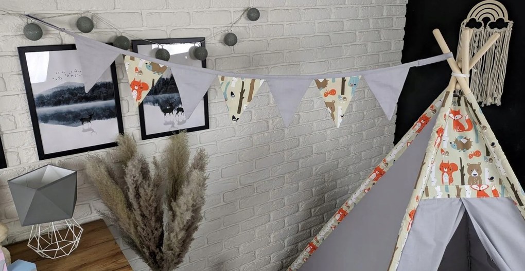 Detský stan TEEPEE (TÝPIE) ANIMALS s doplnkami - LESNÉ ZVIERATÁ - šedý/béžový