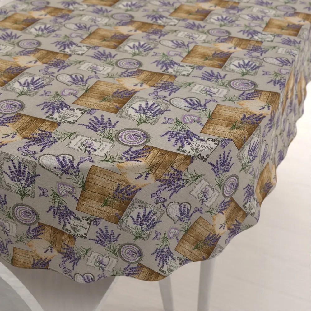 Biante Dekoračný oválny obrus PML-099 Levandule s motýlikmi a srdiečkami na béžovom 60x100 cm