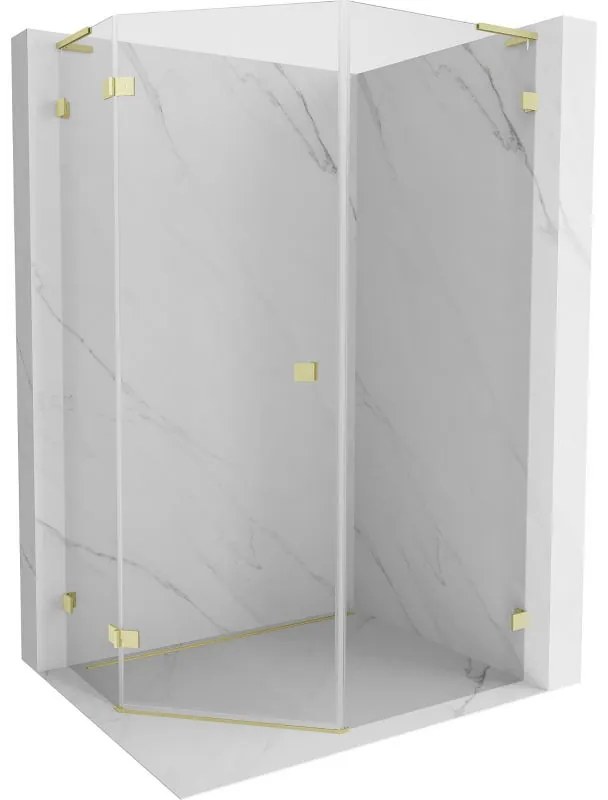 Mexen Lunar, L päťuholníkový sprchový kút naklápací doľava 90 x 100 cm, 8mm číre sklo, zlatý matný profil, 831L-090L-100P-55-00-L