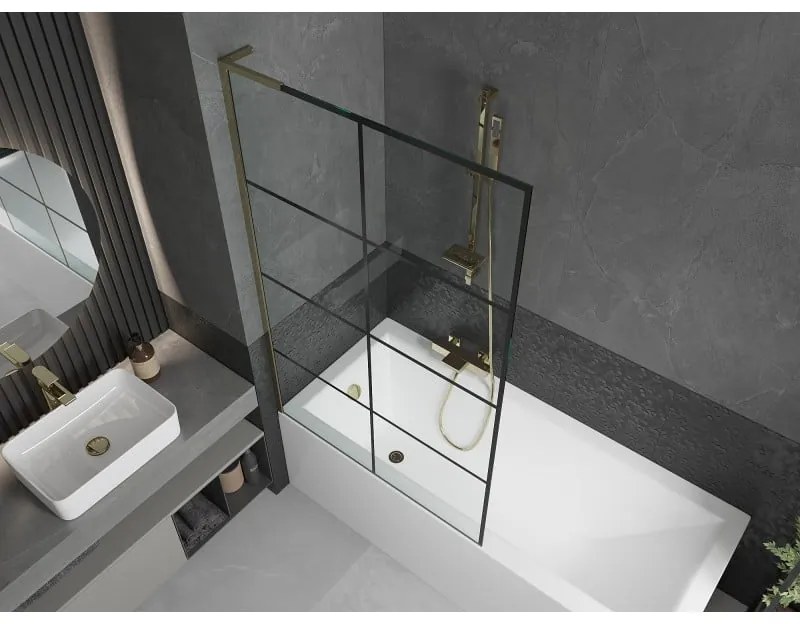 Mexen Next L, 1-krídlová vaňová zástena 100 x 150 cm, 6mm číre sklo-čierny vzor, zlatý lesklý profil, 895-100-000-03-77-50