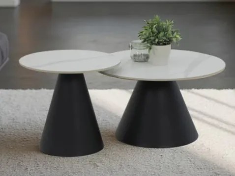 Súprava 2 okrúhlych stolíkov Dustin, 70 cm/50 cm, biela imitácia mramoru%