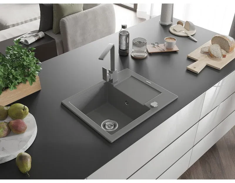 Mexen Enzo, granitový drez 576x465x174 mm, 1-komorový a šedá batéria Rita, šedá, 6506-71-670300-71