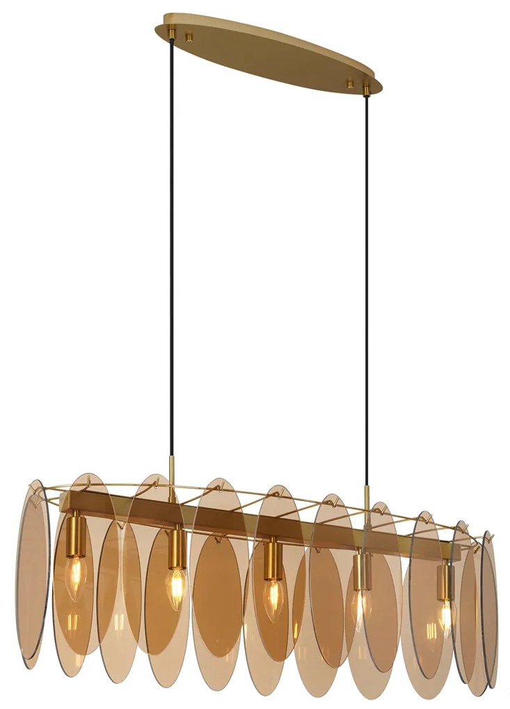 Závesná lampa Art Deco zlatá s jantárovým sklom oválna 5-svetiel - Mochan