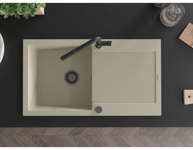 Mexen Leo, 1-komorový granitový drez 900x500x190 mm a drezová batéria Flora, béžová, 6501-69-670401-70-B