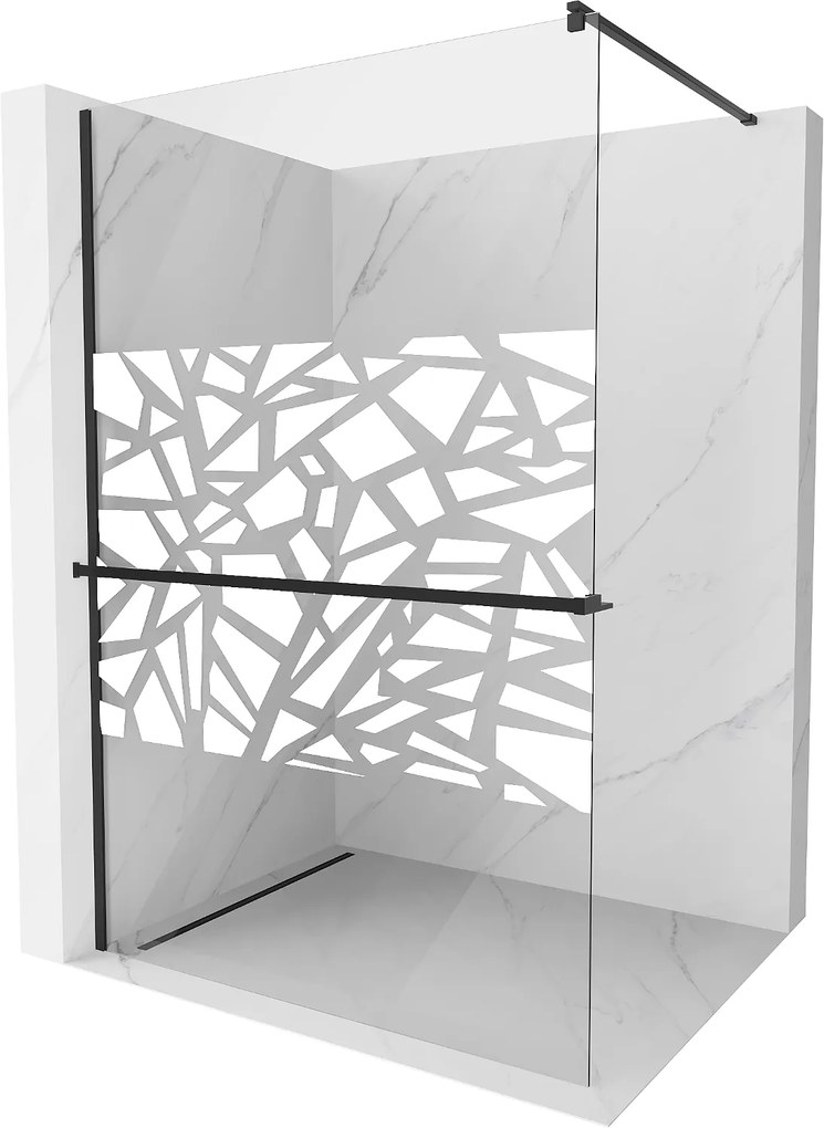 Mexen Kioto+, sprchová zástena s poličkou a držiakom na uteráky 130 x 200 cm, 8mm sklo číre sklo vzor biely, čierny profil, 800-130-121-70-85