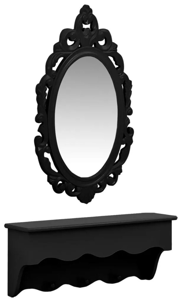 vidaXL Súprava nástenných políc na kľúče a šperky so zrkadlom a háčikmi čierna