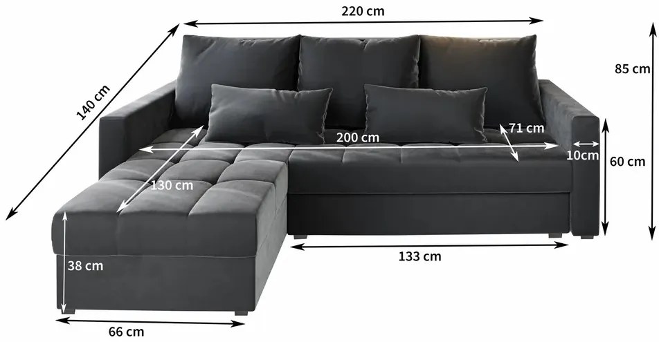 Tmavo sivá rozkladacia rohová pohovka ZENOVA 220x140 cm, obojstranná