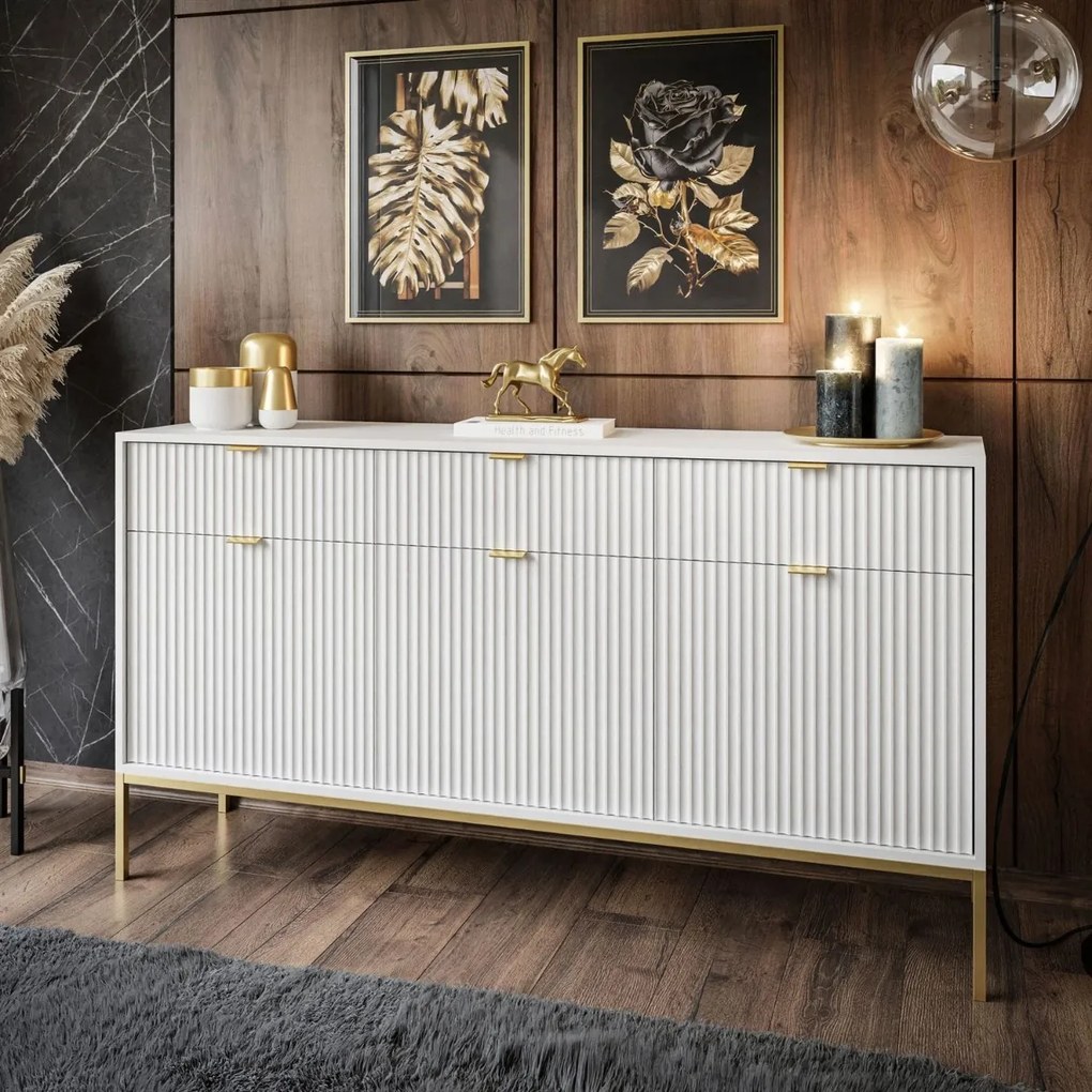 KOMODA VIGGO BIELA + ZLATÝ PODSTAVEC 154 cm