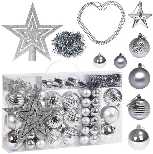 Sada vianočných závesných dekorácií ESTRELLA strieborná (66 ks)