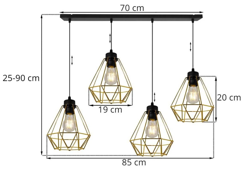 Závesné svietidlo FUSION, 4x zlaté drôtené tienidlo