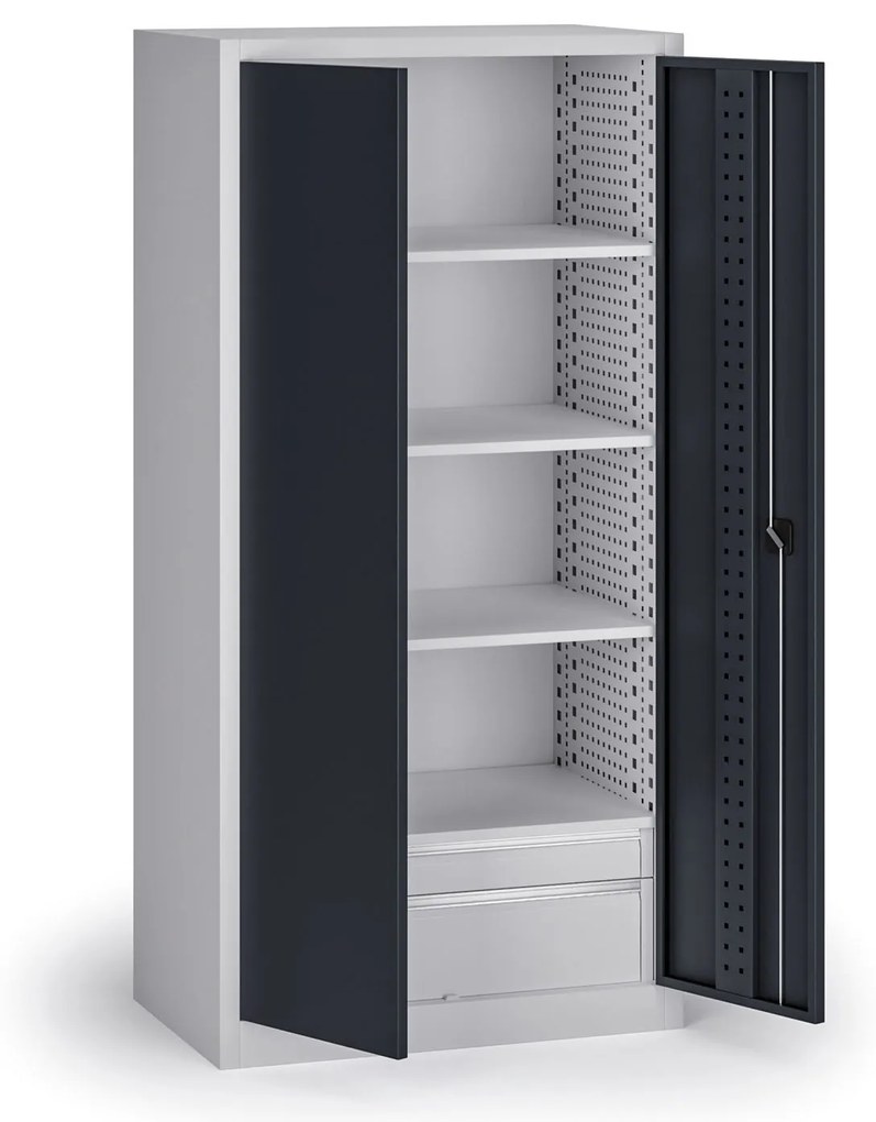 Policová dielenská skriňa na náradie KOVOS, perforovaný panel, 4 police, 2 zásuvky, 950 x 600 x 1950 mm, grafit