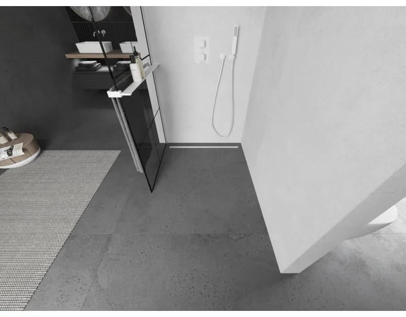 Mexen Kioto+, sprchová zástena Walk-In s poličkou a vešiakom 80 x 200 cm, 8mm číre sklo čierny vzor, biely profil, 800-080-121-20-77