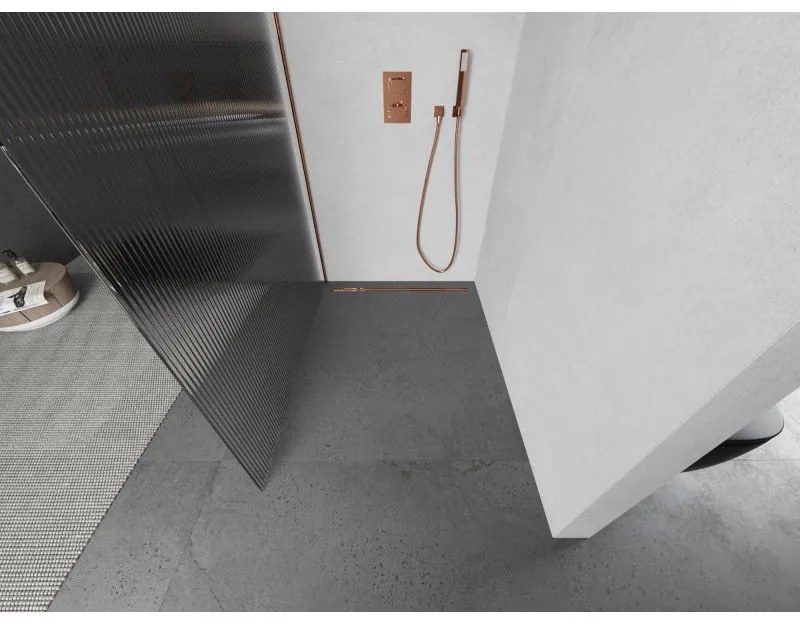 Mexen Kioto L, sprchová zástena Walk-In 90 x 200 cm, 8mm sklo s rebrovým vzorom, ružové zlato profil, 800-090-103-60-09
